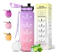 Motswedi Botella Agua 1L, Plástico, Botella Deportiva, a Prueba de Fugas, Botellas Gimnasio 1 litro, Cantimplora, con Marcador de Tiempo, para Gimnasio, Oficina, Yoga, Morado claro & Rosa claro