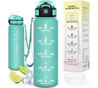 Motswedi Botella Agua 1L, Plástico, Botella Gimnasio, a Prueba de Fugas, Botellas Deportiva 1 litro, Cantimplora, con Marcador de Tiempo, para Oficina, Viajes, Bicicleta, Azul & Verde