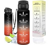 Motswedi Botella Agua 1L, Plástico, Botella Gimnasio, a Prueba de Fugas, Botellas Deportiva 1 litro, Cantimplora, con Marcador de Tiempo, para Oficina, Viajes, Bicicleta, Negro & Rojo