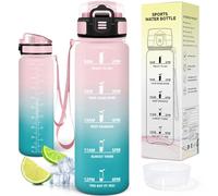 Motswedi Botella Agua 1L, Plástico, Botella Gimnasio, a Prueba de Fugas, Botellas Deportiva 1 litro, Cantimplora, con Marcador de Tiempo, para Oficina, Viajes, Bicicleta, Rosa & Verde