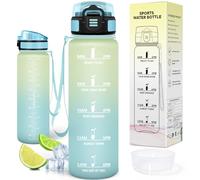 Motswedi Botella Agua 1L, Plástico, Botella Gimnasio, a Prueba de Fugas, Botellas Deportiva 1 litro, Cantimplora, con Marcador de Tiempo, para Oficina, Viajes, Bicicleta, Blanco roto & Azul claro