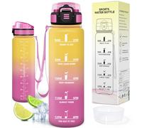 Motswedi Botella Agua 1L, Plástico, Botella Gimnasio, a Prueba de Fugas, Botellas Deportiva 1 litro, Cantimplora, con Marcador de Tiempo, para Oficina, Viajes, Bicicleta, Amarillo & Rosa