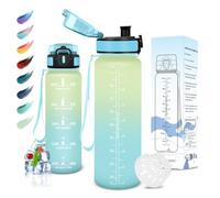 Motswedi Botella Agua, 1L sin BPA, Botella de Agua, Reutilizable, Cantimplora, con Marcador de Tiempo, Botella Agua Gimnasio, para Niños, Deporte, Running, Gimnasio, Bicicleta, Blanquecino Azul Claro