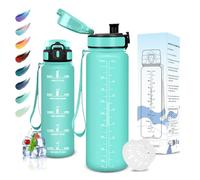 Motswedi Botella Agua, 1L sin BPA, Reutilizable, Cantimplora, Marcador de Tiempo, Botellas para Deporte, Niños, Gimnasio, Bicicleta, Azul Verdoso