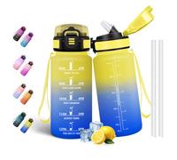 Motswedi Botella Agua 500 ml, Botella Agua Gimnasio sin BPA con Marcador de Tiempo, Plastico Botella de Agua Deportiva Motivacional, con Pajita, Amarillo & azul real
