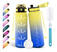Motswedi Botella Agua 500ml, Botella Deportiva, con Marcador de Tiempo, Cantimplora, a Prueba de Fugas, Incluye Esponja de Limpieza, para Gimnasio, Oficina, Escuela, Yoga, Amarillo & Azul real