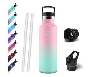 Motswedi Botella Agua Inoxidable, 750 ml Libre de BPA, Botella Termica, Con Pajita y 2 Tapas, Cantimplora, 18/8 Acero Inoxidable, Cantimplora Isotermica para Ufficio, Stadio - Rosa claro&verde claro