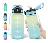 Motswedi Botella Agua Niños, 500ml con Pajita, Cantimplora Infantil, a Prueba de Fugas, Botellas de Agua para Niños, con Marcador de Tiempo, Cantimplora, para Escuela, Yoga, Blanquecino Azul claro