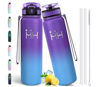 Motswedi Botella Termica 1 Litro, a Prueba de Fugas, Botella agua Acero Inoxidable, con 6 Pajas, Cantimplora Termica, Termo agua, para Gimnasio, Viajes, Senderismo, Deportes, Morado & Azul cielo-A