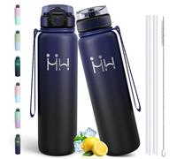 Motswedi Botella Termica 1 Litro, a Prueba de Fugas, Botella agua Acero Inoxidable, con 6 Pajas, Cantimplora Termica, Termo agua, para Gimnasio, Viajes, Senderismo, Deportes, Azul oscuro & Negro
