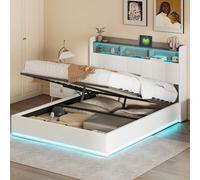 MOTUZP Cama de Matrimonio 140x200 cm con Canapé Abatible e Iluminación LED, Cabecero con Estantes y Puertos de Carga, Estructura de Cama Tapizada en Terciopelo Blanco, Somier de Láminas, Sin colchón