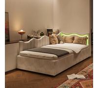 MOTUZP Sofá cama tapizado de 90 x 200 cm, con almacenamiento de presión de aire, cama individual en forma de L con iluminación LED, cuna, cama infantil, sofá cama, sin colchón (terciopelo + crema, 90