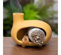 MOUGIGI Soporte Amarillo de Palo Santo con Chimenea-Mini Chimenea Quemador de Incienso para Quemar Salvia, Palos de Madera, Conos y Velas de Té-Cuenco de Cerámica Artesanal para Limpias, Quemador de