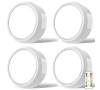 MOUJUCHI Luz Led Armario, 4 Pcs Luces Led Armario, Lamparas a Pilas con Control Remoto para Armarios, Pasillo, Escalera, Sótano, Garaje (Blanco)