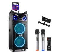 Moukey Altavoz Karaoke, Máquina de Karaoke Bluetooth Portátil de Doble woofer con 2 Micrófonos Inalámbricos, Luces de Discoteca, Ajuste de Eco/Agudos/Graves, Soporte TWS/REC/AUX/MP3/USB/TF/FM