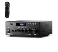 Moukey Amplificador de Audio, 2.0 Canales con Bluetooth 5.3, Remoto con Todas las Funciones, FM, RCA, USB, 2 Entradas de Micrófono, Potencia Máxima de 300 W, para Karaoke, Garaje, Cine en Casa, MAMP3