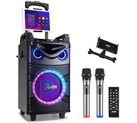 Moukey Máquina de Karaoke, Sistema PA de subwoofer de 10 Pulgadas, Altavoz Bluetooth con 2 micrófonos inalámbricos, Soporte para Tableta, Luces de Discoteca, Control Remoto, Ruedas, soporta Ajuste de