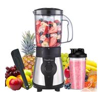 Moulinex Blend & Go, Batidora de vaso de 300 W, Jarra de 1,3 L, 4 cuchillas extraíbles, Acabado acero inoxidable, Piezas aptas para lavavajillas, Botella de plástico de 750 ml + Espátula, LM1B1DES