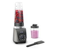 Moulinex Blend Up, Batidora personal potente 1000 W, 8 programas automáticos, pica hielo, ideal para batidos, smoothies y bebidas saludables, jarra resistente, incluye espátula, Gris, LM19JEF0