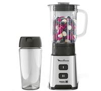 Moulinex Pulseo LM17GD - Batidora de vaso individual de 400 W, batidora de 4 cuchillas de 700 ml y con recipiente portátil de 600 ml, 2 velocidades, para zumos y smoothies, acero inoxidable