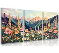 Mount Daisy Wildflower Landscape Wall Art Colorful Floral Painting Boho Sunset Landscape Canvas Prints Home Decor(30x40cm x 3/Inner frame)