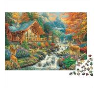 Mountain Cabin Scene Difícil 1000 Piezas Rompecabezas para Adultos Cabaña de Madera Junto a Arroyo Forestal Premium Resistente Vibrante Desafiante Alivio Estrés 52x38cm/1000pcs