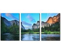 Mountain Canvas Wall Art Panorama of Yosemite Valley Painting Lake Póster de paisaje naturals Prints Decoración de sala de estar(40x60cm x 3/Sin marco)