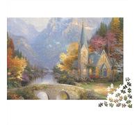 Mountain Church Scene 1000 Piezas Rompecabezas Alivio Estrés Adultos Antigua Iglesia de Piedra con Vistas a Colinas Otoñales Premium Resistente Desafiante Relajación Regalo Familiar 38x26cm/1000pcs