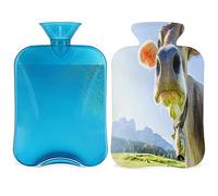 Mountain Funny Cow - Botella de agua caliente con funda esponjosa, 2 L, botella de vaca de gran capacidad, bolsa de agua para noches acogedoras, alivio del dolor, espalda, cuello y hombros
