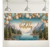 Mountain Lake - Fondo de feliz cumpleaños, escena de la naturaleza, decoraciones rústicas para fiestas, fondo de fotografía para interiores y exteriores, color verde azulado, para eventos de