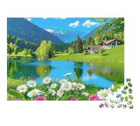 Mountain Lake View 1000 Piezas Rompecabezas para Adultos Flores Enmarcando Tranquilo Lago de Montaña Reflectante Desafiante Premium Resistente Vibrante Alivio Estrés Juego Familiar 70x50cm/1000pcs