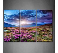 Mountain Landscape Canvas Wall Art Spring Canvas Sunrise Blue Skyline Purple Flowers Picture Print Decoración de sala de estar(70x100cm x 3/Sin marco)