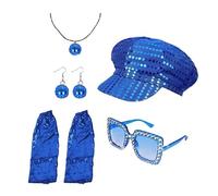 Mounteps Juego de 5 accesorios de discoteca de los años 70 para mujer: Blue Abba, sombrero de lentejuelas inspirado, calentadores de piernas, gafas de sol brillantes, aretes y collar, ideal para
