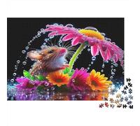 Mouse Adult Jigsaw Puzzles Mouse on Pink Daisy with Dew for The Whole Family Women, Gifts for Men 38x26cm 1000pcs