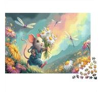 Mouse in Flowers 1000 Pieces for Adults & Kids Mouse Holding Daisies Educational Games Home Decor Puzzle for Family 52x38cm/1000pcs