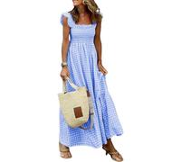 Mousegirl Vestido largo de verano para mujer, con tirantes delgados, cuello cuadrado y volantes, azul, S