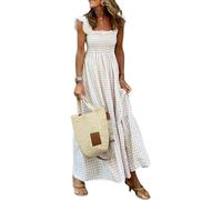 Mousegirl Vestido largo de verano para mujer, con tirantes delgados, cuello cuadrado y volantes, beige, M