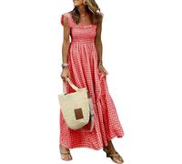 Mousegirl Vestido largo de verano para mujer, con tirantes delgados, cuello cuadrado y volantes, rosso, L