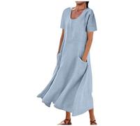 Mousegirl Vestidos de lino para mujer 2024 de algodón, vestidos largos de verano, casuales, sueltos, sin mangas, talla grande, vestido de playa liso, azul, M