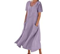 Mousegirl Vestidos de lino para mujer 2024 de algodón, vestidos largos de verano, casuales, sueltos, sin mangas, talla grande, vestido de playa liso, Morado (, L