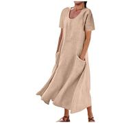 Mousegirl Vestidos de lino para mujer 2024 de algodón, vestidos largos de verano, casuales, sueltos, sin mangas, talla grande, vestido de playa liso, caqui, XXL