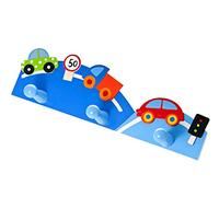 Mousehouse Gifts Triple Gancho Perchero de Pared la Ropa en Tonos Azules y Decorado con Coches para la habitación de los niños