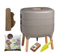 Moutta I Urbalive 2 Bandejas Gris, Kit Completo I Diseño Vermicompostaje I 250g lombrices / 500 uds. I Sustrato Inicial I Estera de cáñamo + Pala I Interior, balcón y jardín