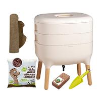 Moutta I Urbalive 2 Bandejas Marfil, Kit Completo I Diseño Vermicompostaje I 250g lombrices / 500 uds. I Sustrato Inicial I Estera de cáñamo + Pala I Interior, balcón y jardín