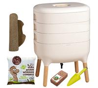 Moutta I Urbalive 3 Bandejas Marfil, Kit Completo I Diseño Vermicompostaje I 250g lombrices / 500 uds. I Sustrato Inicial I Estera de cáñamo + Pala I Interior, balcón y jardín