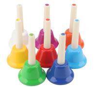 MOUYAT Juego de campanas de mano, 8 campanas de metal coloridas con asas de plástico para aprendizaje, celebraciones y diversión familiar, ideal para músicos, artistas y entusiastas del sonido