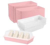 MOUYAT Paquete de 100 cajas de charcutería con tapas transparentes, 19 x 8,5 x 6,5 cm, cajas largas de cartón rosa para galletas, sándwich, embutidos, panadería, embalaje de pasteles, cupcakes