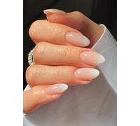 MouYou Press on Nails Cortas, Almond Nude Gradient White Fake Nails Full Cover Uñas postizas con pegamento para uñas, almendra, baby boomer, degradado blanco, acrílico, uñas artificiales para mujeres