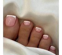 MouyouGlow 24 piezas falsas uñas postizas pies cortos, blanco francés francés tips Light Pink Base Design verano INS falso Feet Toe Nails Full Cover Foot Press on Nails, Artificial Toenails