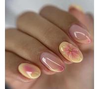 MouyouGlow 30 Pieces Press on Nails Cortas, Almond Amarillo French Rosa Aerógrafo 3D Flores Diseño Floral Y2K Fake Nails con Pegamento para Uñas, Yellow Tips Flowers Verano INS Uñas Artificiales